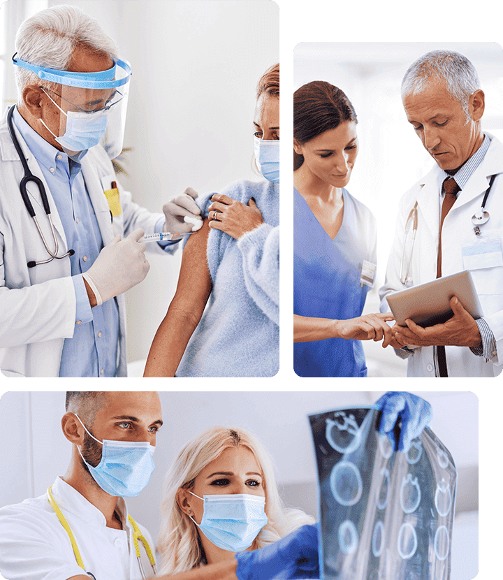 Doctors and healthcare professionals providing medical care, vaccination, and patient diagnostics in a clinical setting